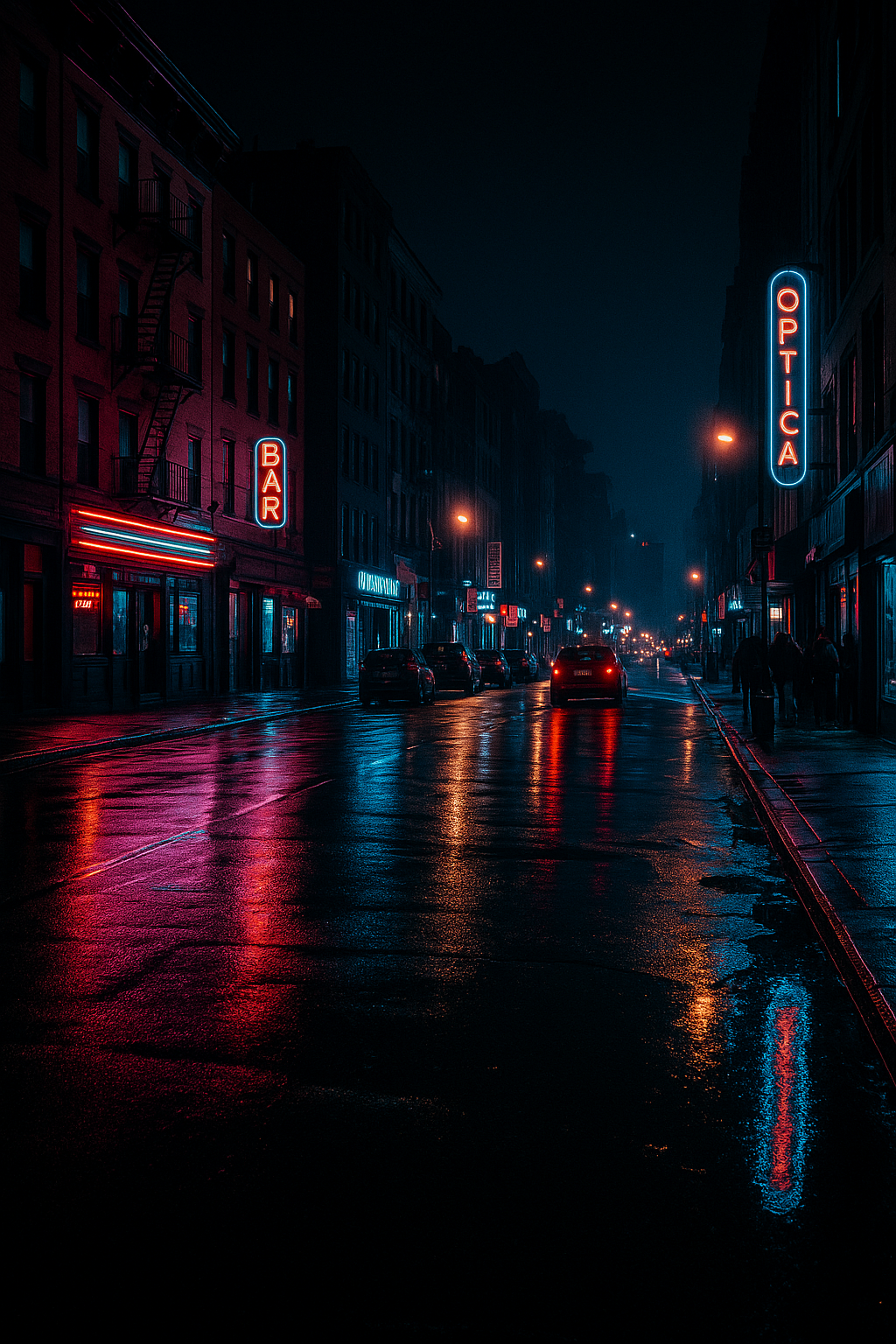 Neon-lit city street at night with reflections on wet pavement.